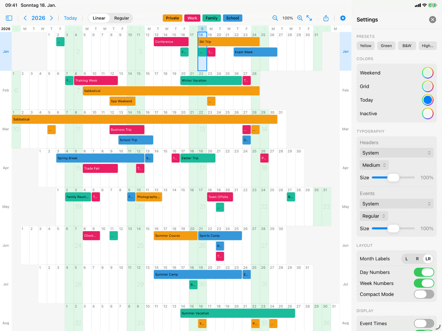 Lineár Calendar showing a full year view